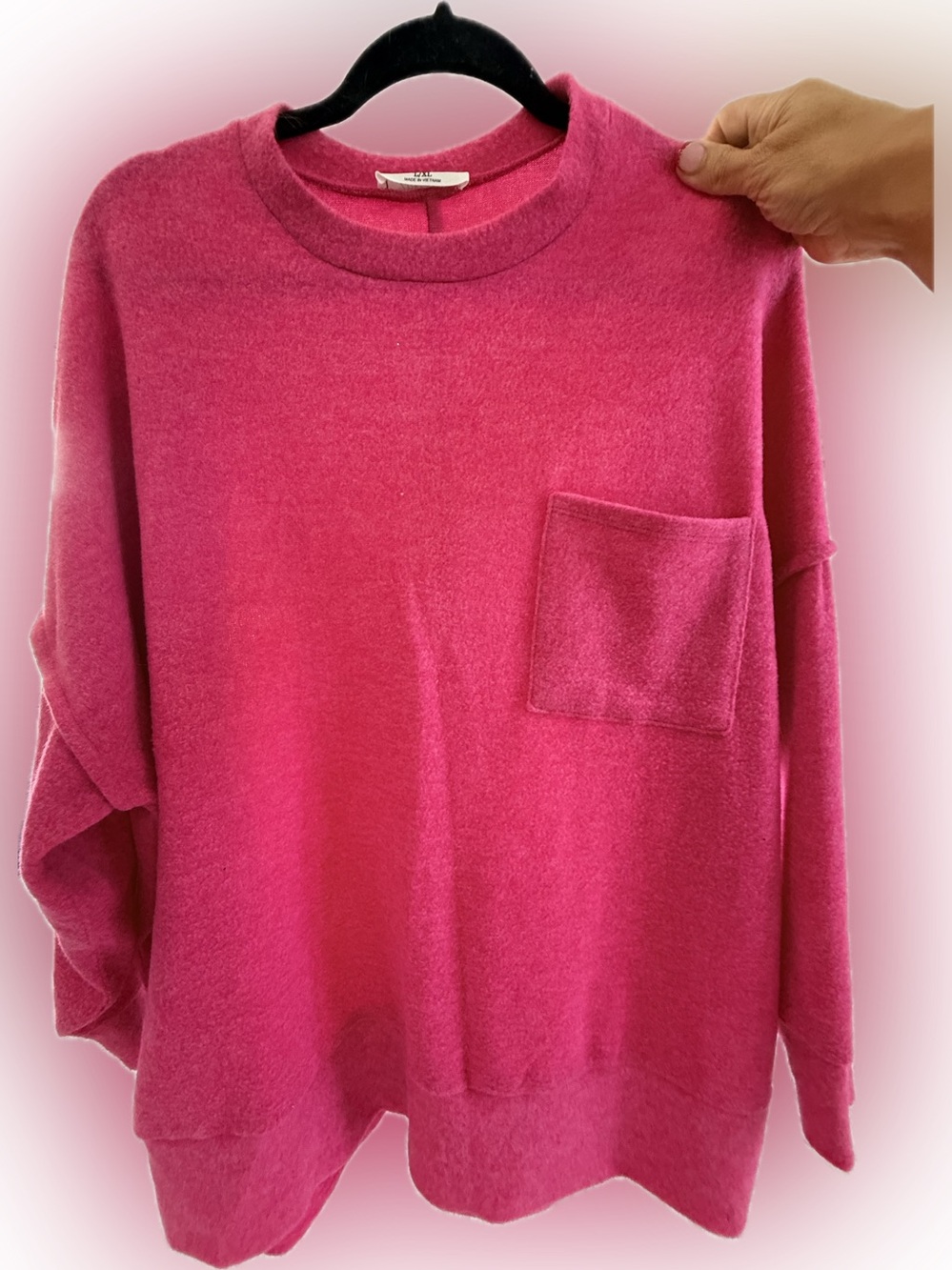 Zenana Outfitters Hot Pink Crewneck Sweater with Chest Pocket